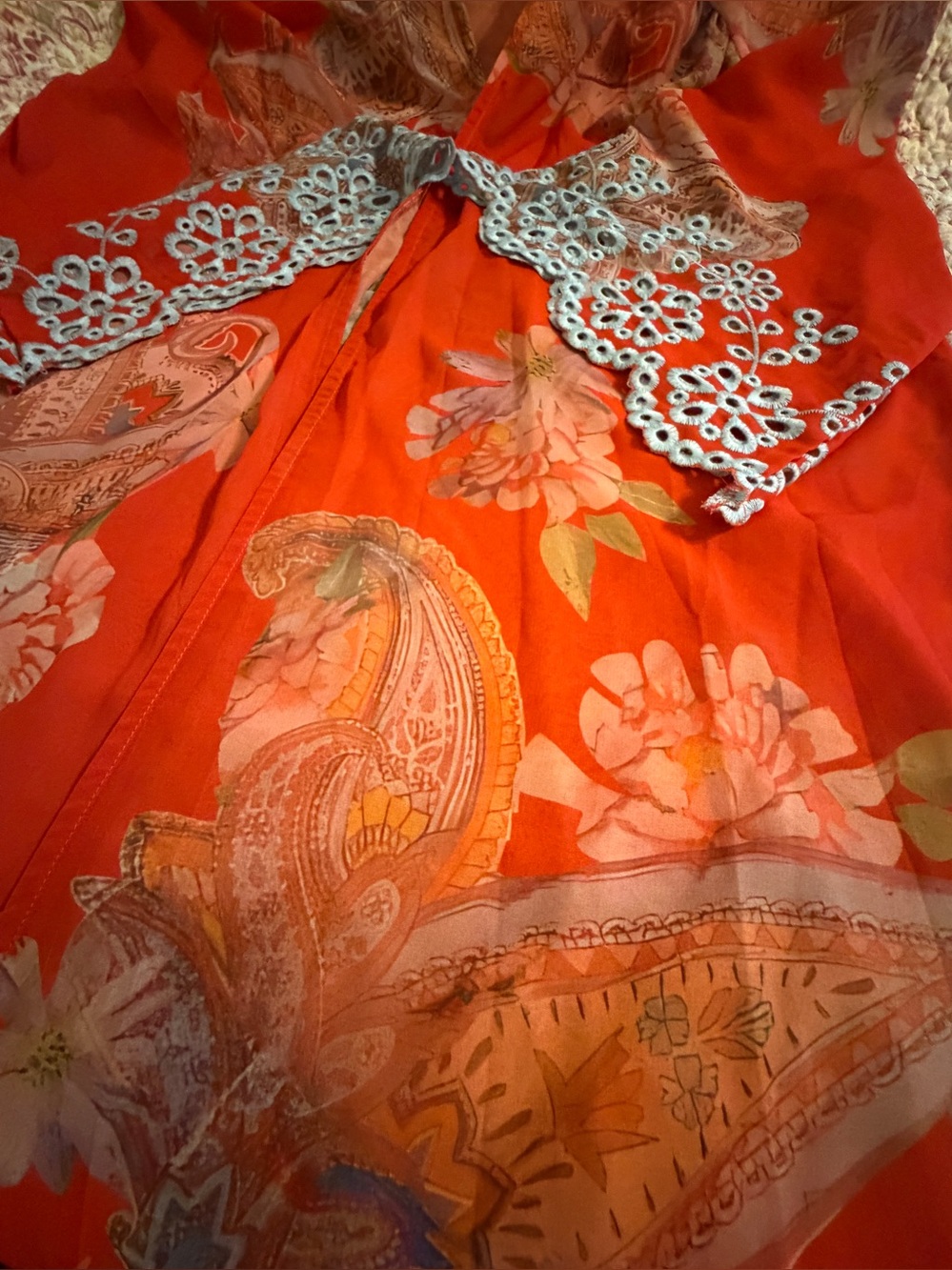 Cato Large Sheer Rusty Red Floral Paisley Kimono Jacket with Blue Accents - Picture 13 of 16